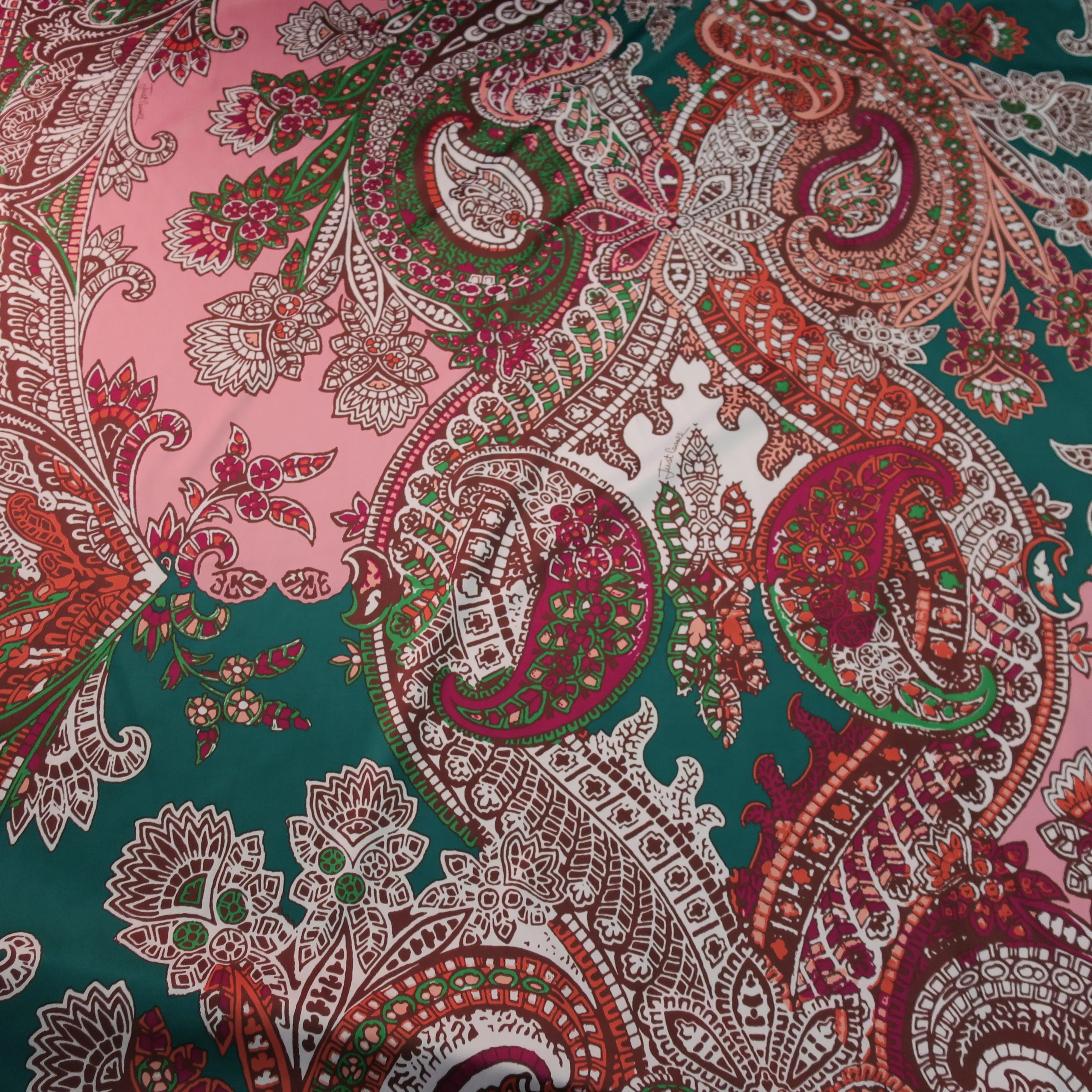 Pink Paisley on Teal Ground Printed Silk Charmeuse Fabric