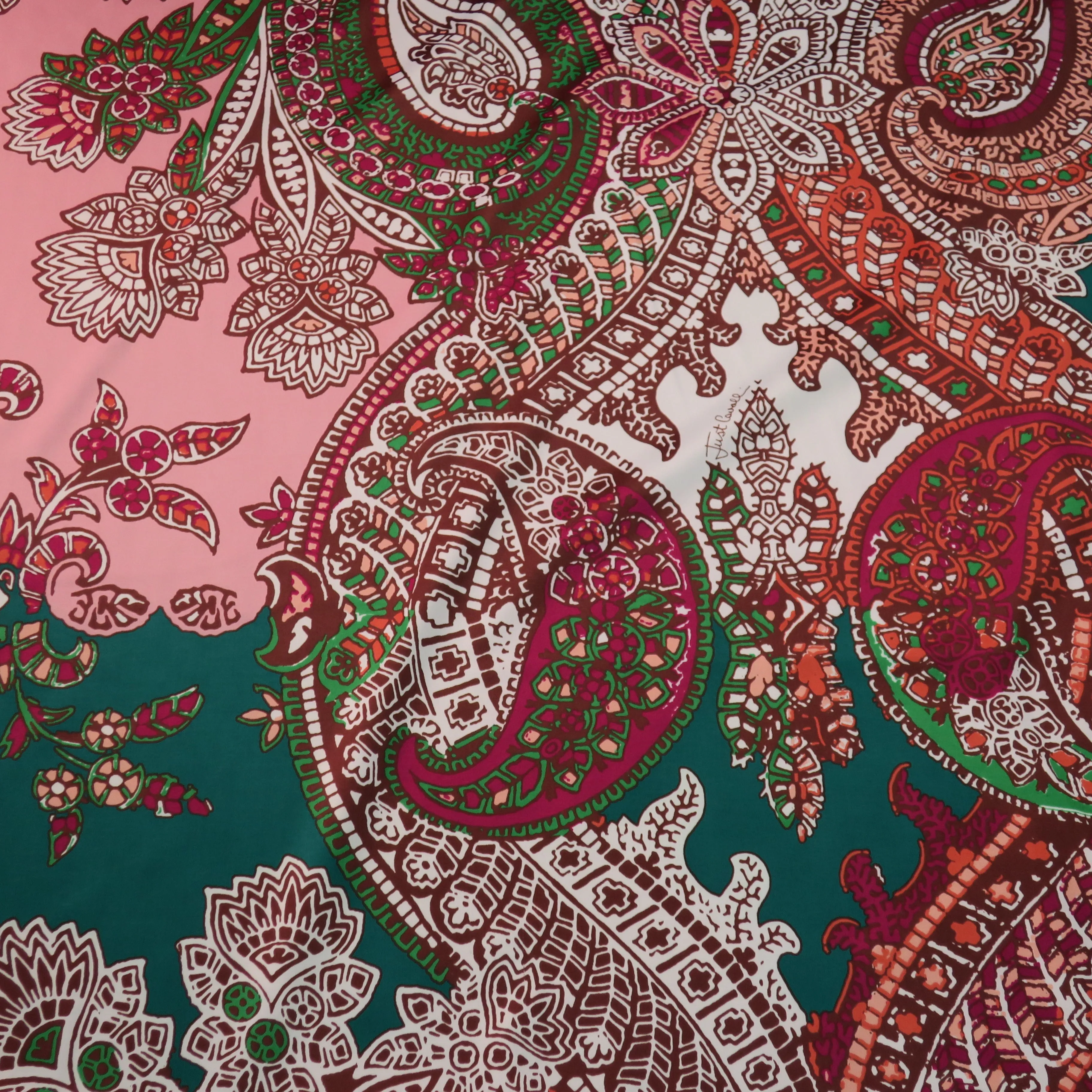 Pink Paisley on Teal Ground Printed Silk Charmeuse Fabric