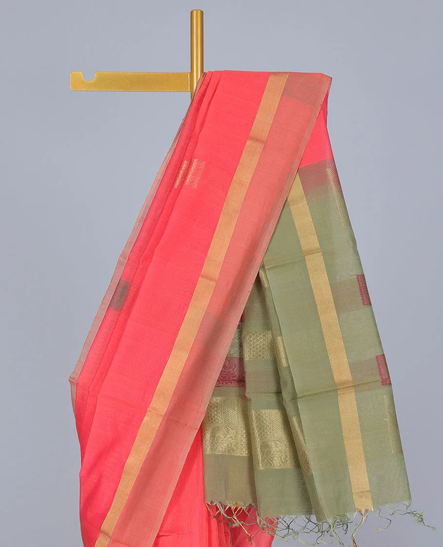 Pink silk cotton saree with buttas, zari border & contrast pallu of intricate designs