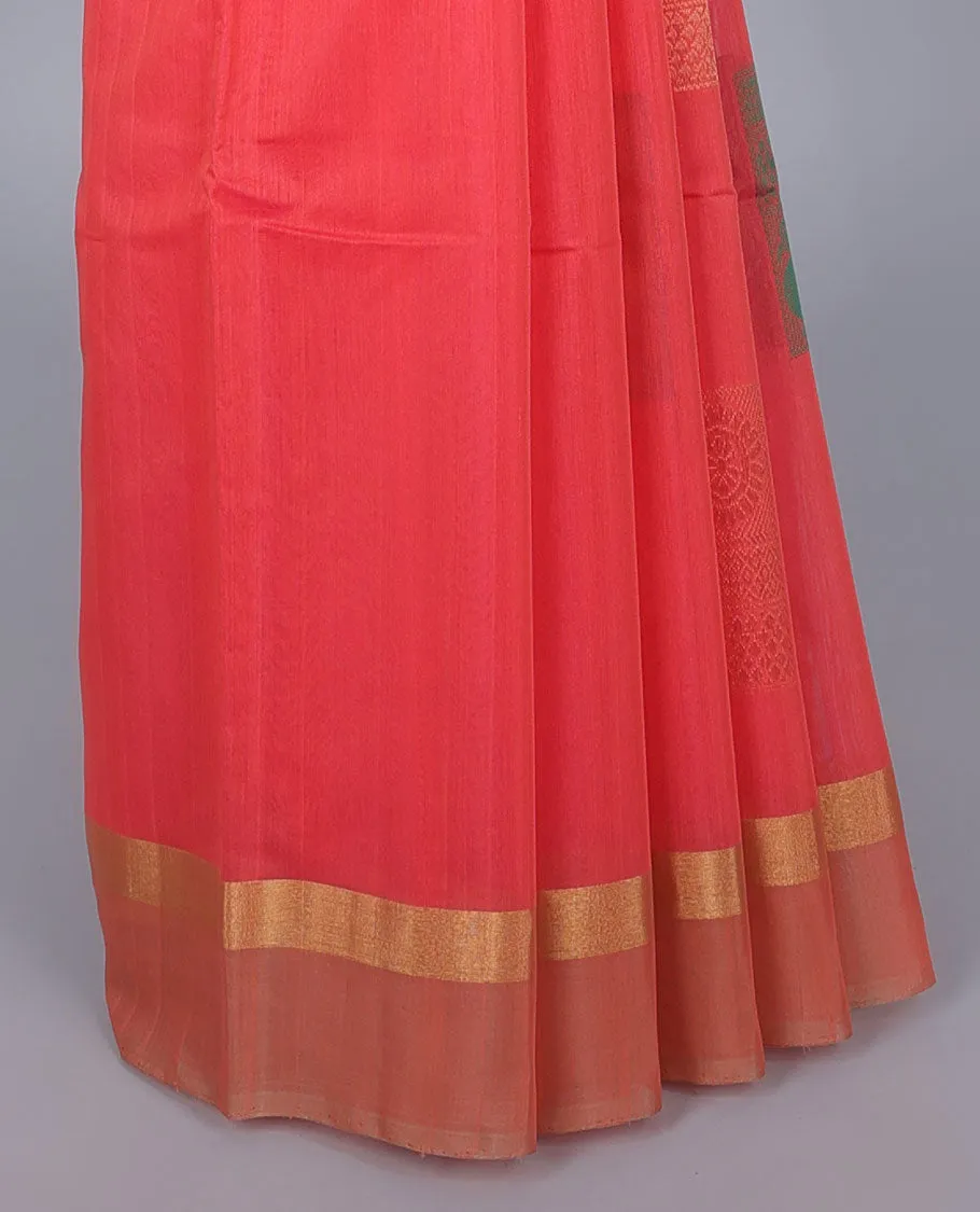 Pink silk cotton saree with buttas, zari border & contrast pallu of intricate designs