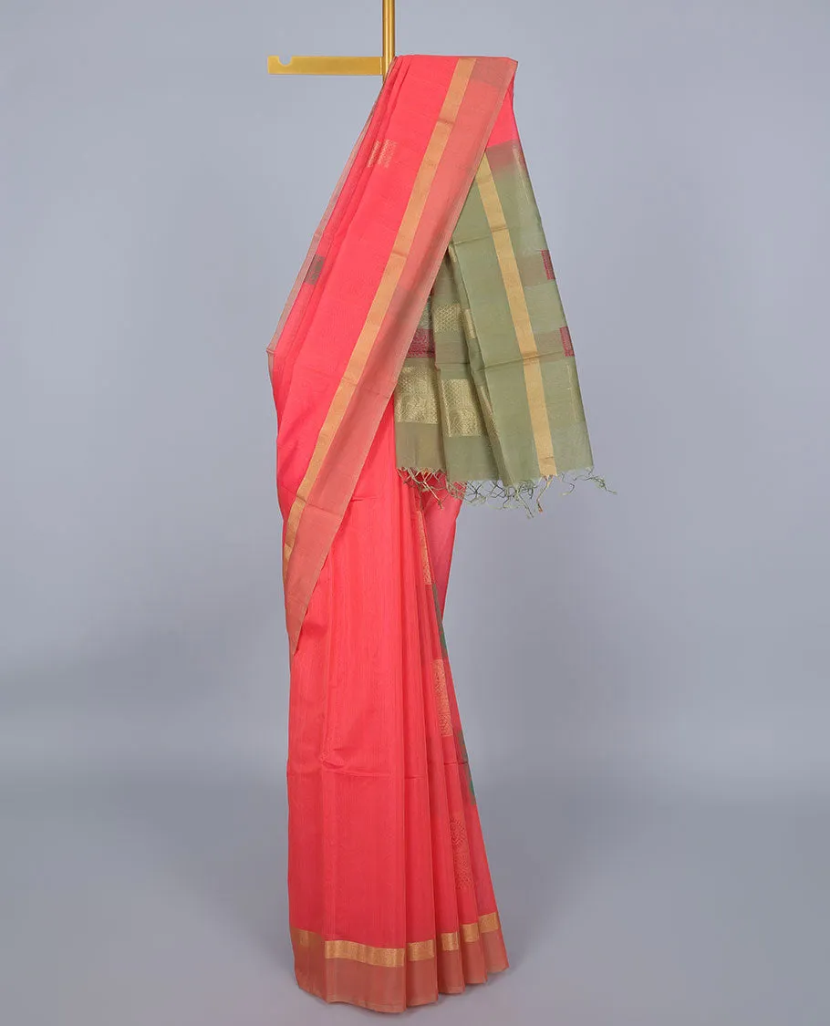 Pink silk cotton saree with buttas, zari border & contrast pallu of intricate designs