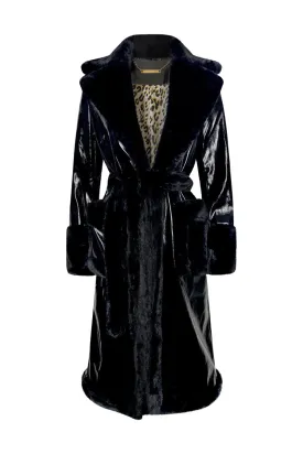 "KNOCTURNAL" Black Patent Leather & Black Vegan Fur Trench Coat