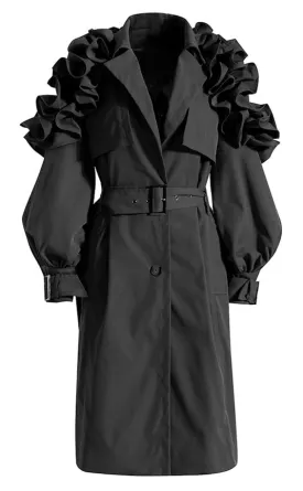 Ruffle Trim Statement Trench  Coat black