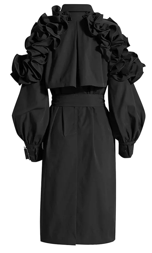 Ruffle Trim Statement Trench  Coat black