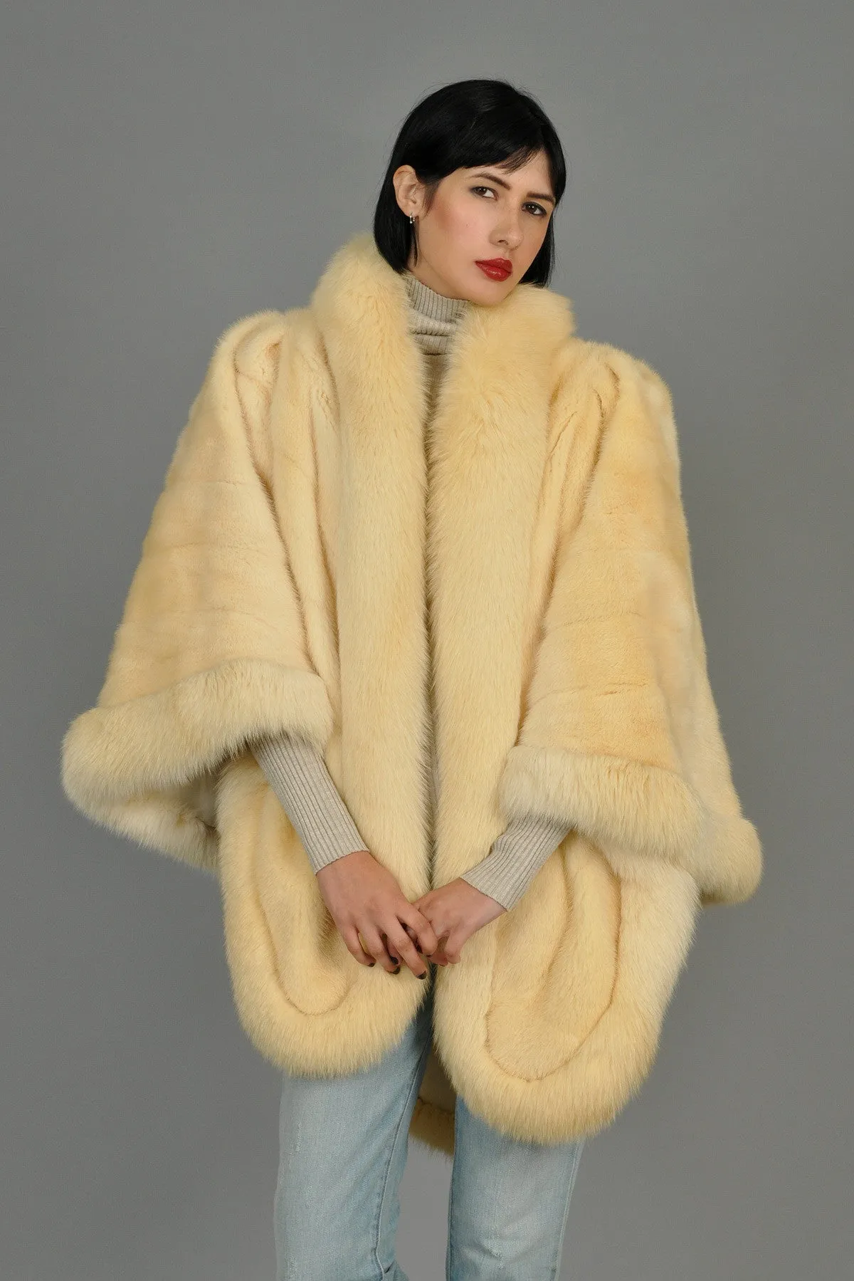 Saga Vanilla Mink   Fox Fur Draped Cape