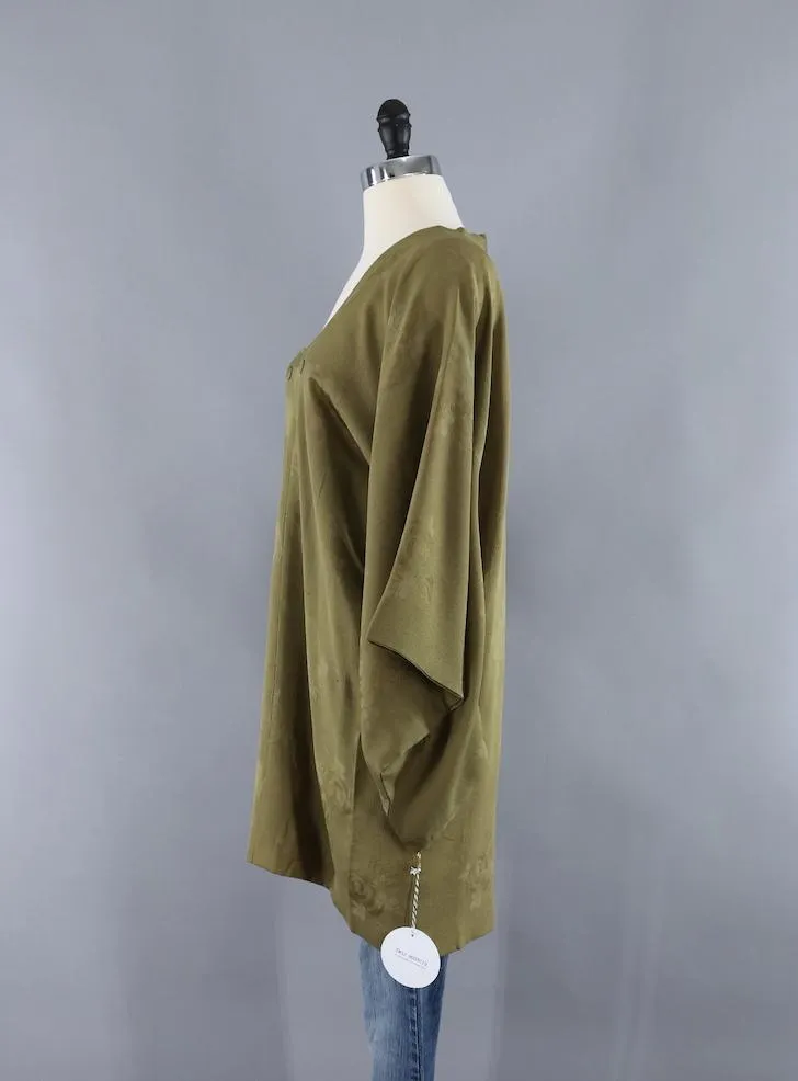 Silk Kimono Cardigan Jacket / Olive Army Green Michiyuki