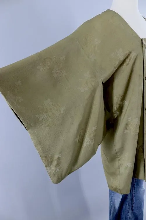Silk Kimono Cardigan Jacket / Olive Army Green Michiyuki