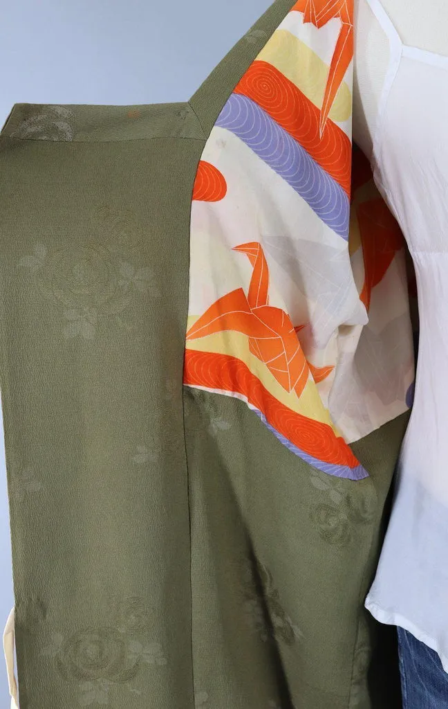 Silk Kimono Cardigan Jacket / Olive Army Green Michiyuki