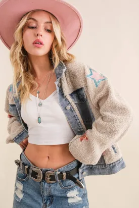 Teddy Denim Contrast Yee Haw Sequin Star Jacket