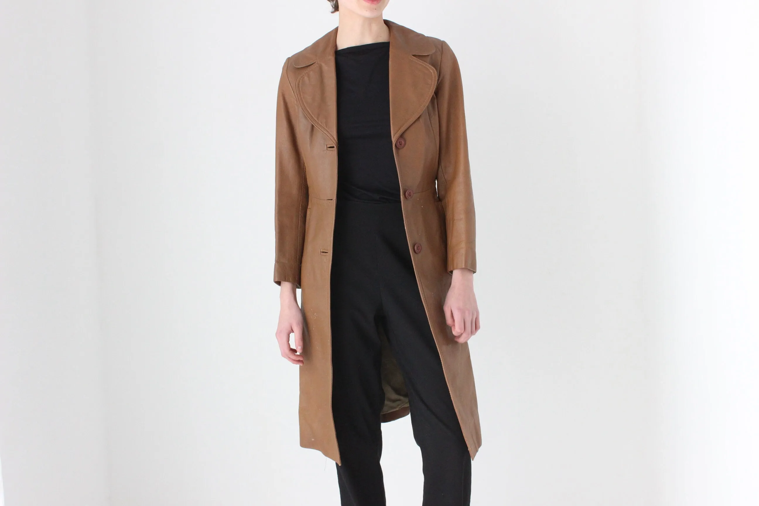 True 70s Caramel Brown Leather Button Up Coat