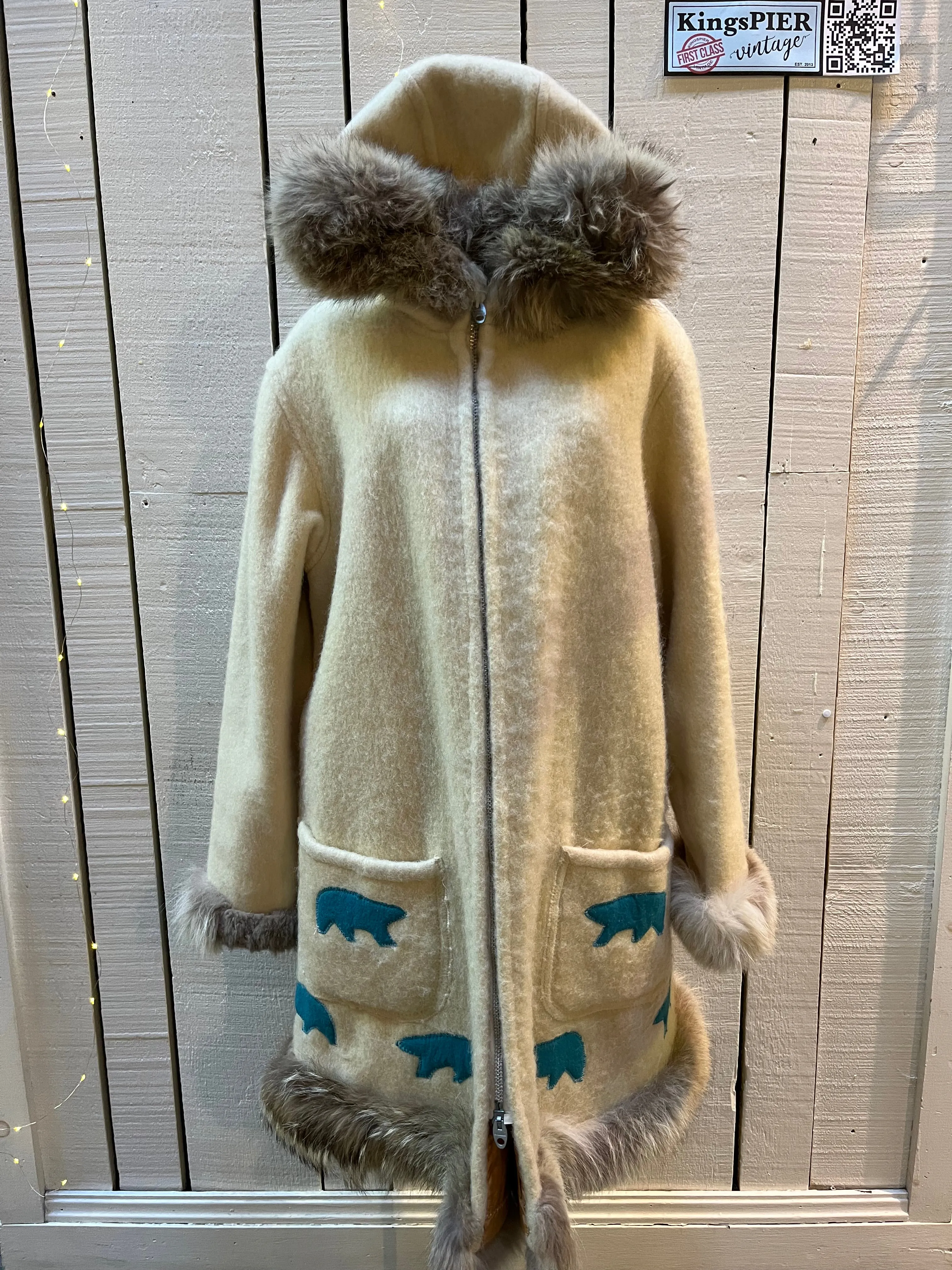Vintage White Wool Northern Parka, Indigenous made, Chest 48”