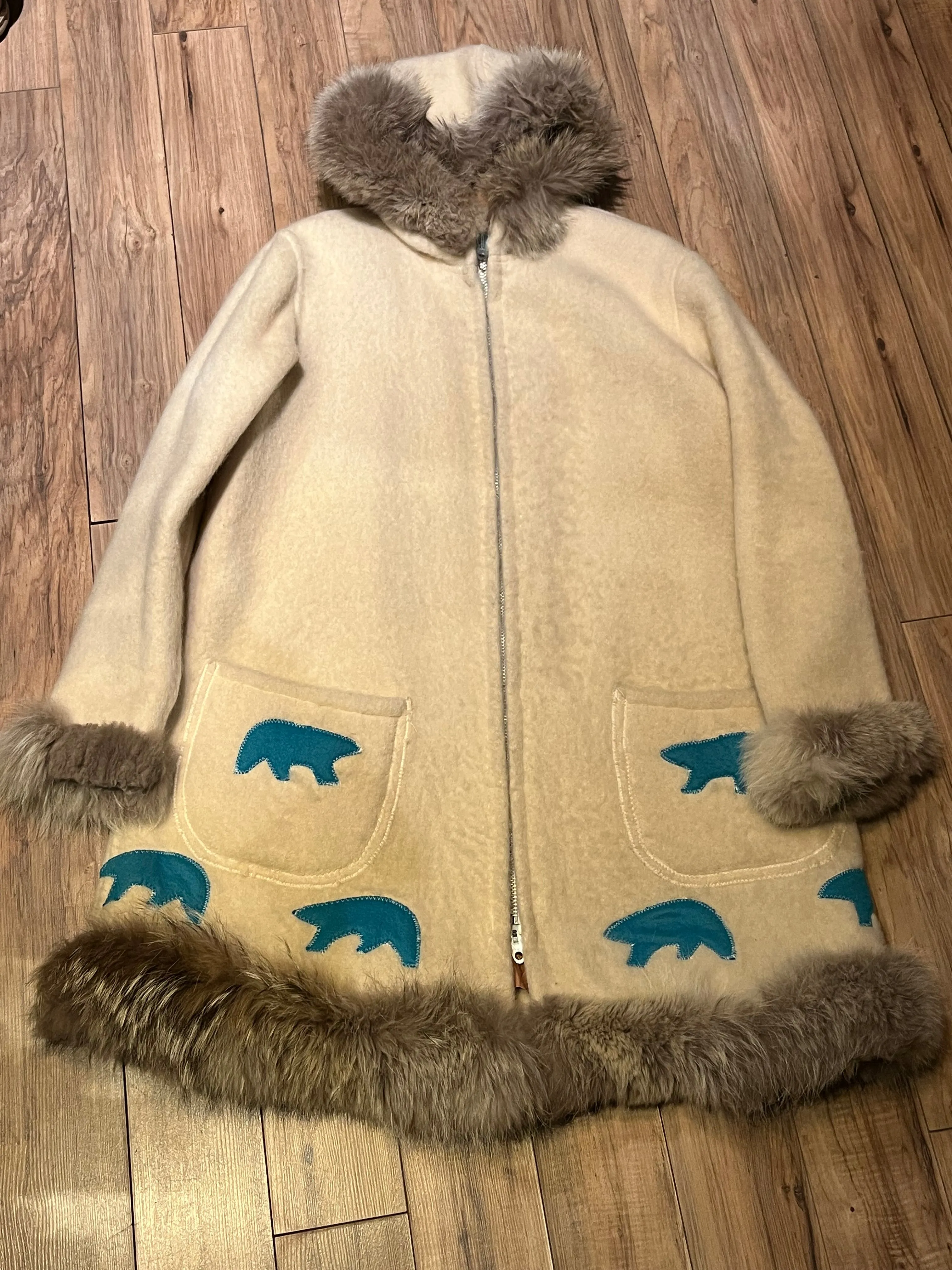 Vintage White Wool Northern Parka, Indigenous made, Chest 48”