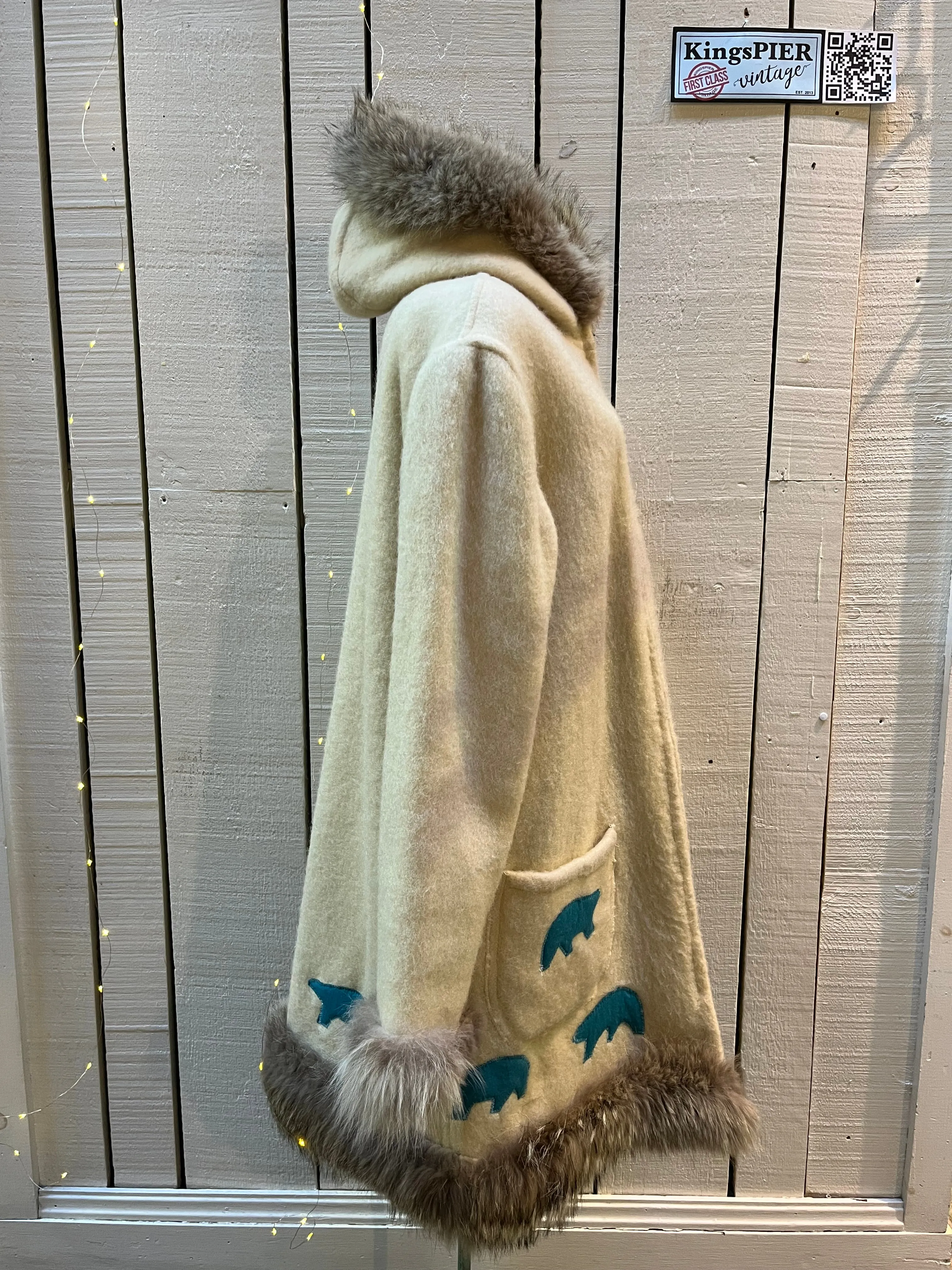 Vintage White Wool Northern Parka, Indigenous made, Chest 48”