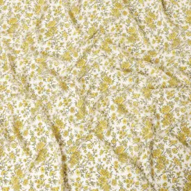 White silk crepe fabric with yellow and green prints in floral design - D9914