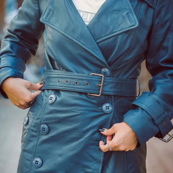 Women's Blue Double-Breasted Classic Leather Trench Coat