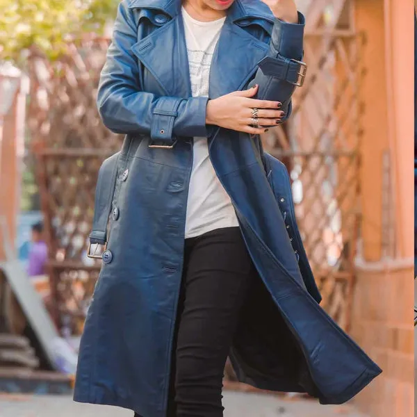Women's Blue Double-Breasted Classic Leather Trench Coat