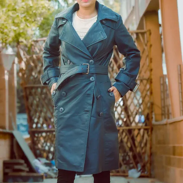 Women's Blue Double-Breasted Classic Leather Trench Coat