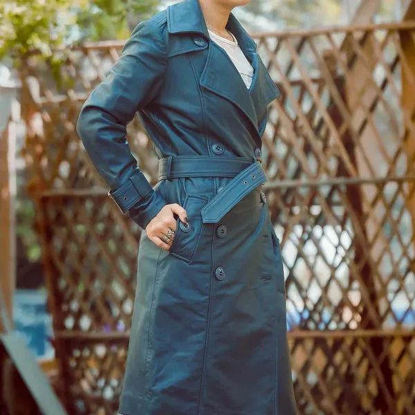 Women's Blue Double-Breasted Classic Leather Trench Coat