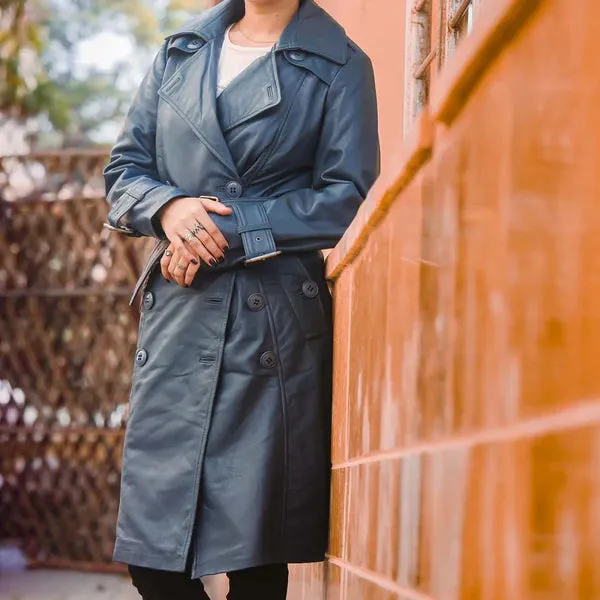 Women's Blue Double-Breasted Classic Leather Trench Coat