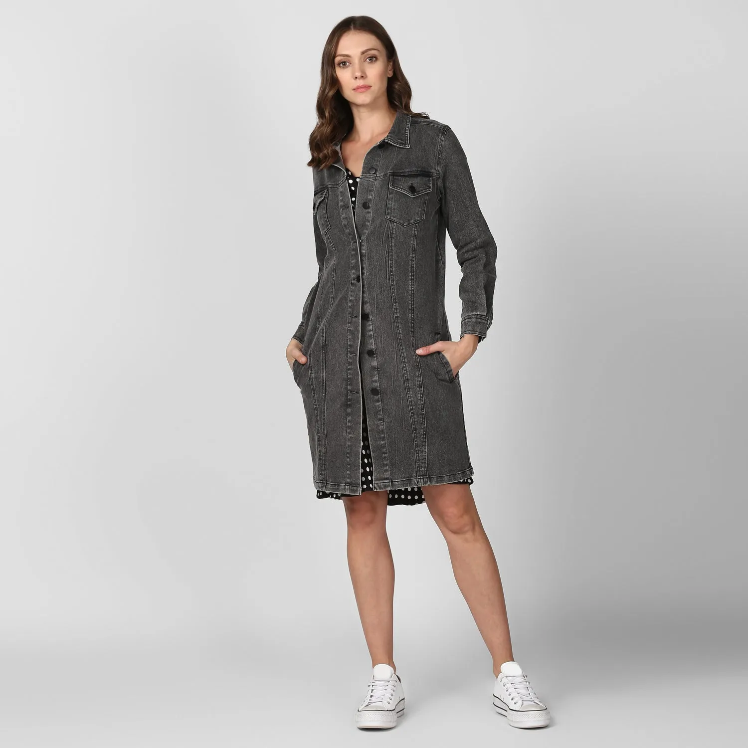 Women's Grey Long Overcoat Style Denim Jacket with Washed effect - StyleStone