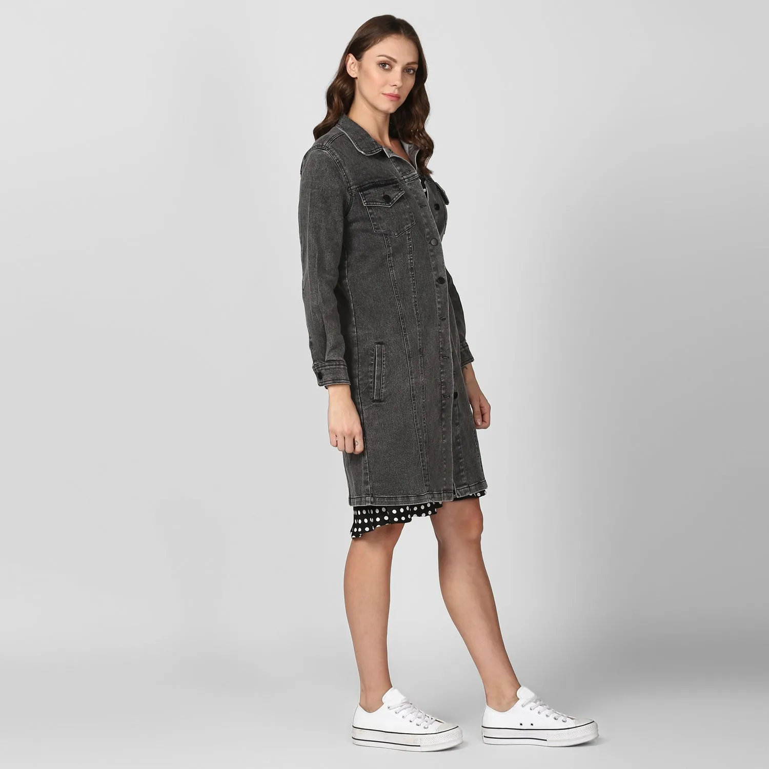 Women's Grey Long Overcoat Style Denim Jacket with Washed effect - StyleStone