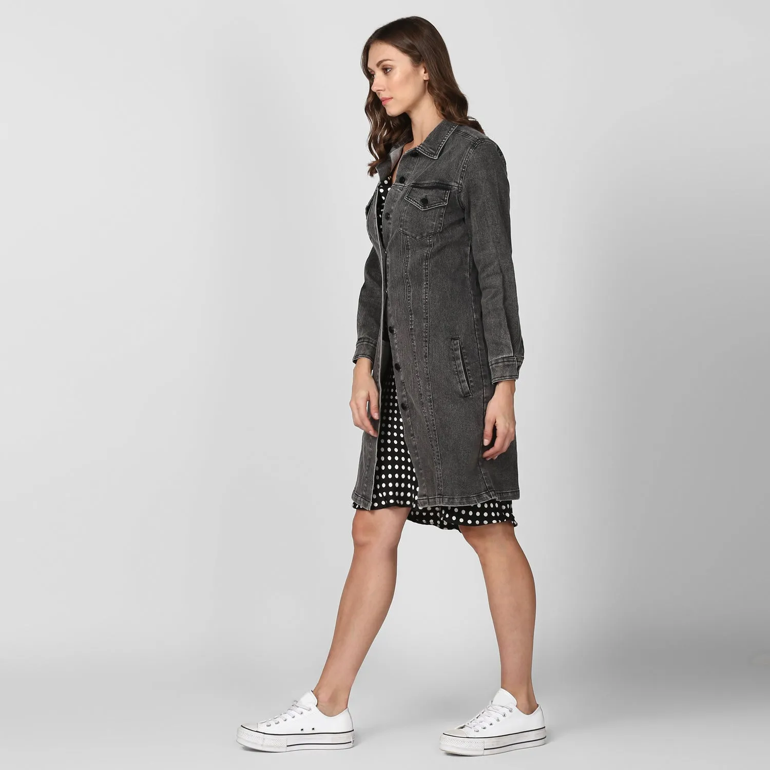 Women's Grey Long Overcoat Style Denim Jacket with Washed effect - StyleStone
