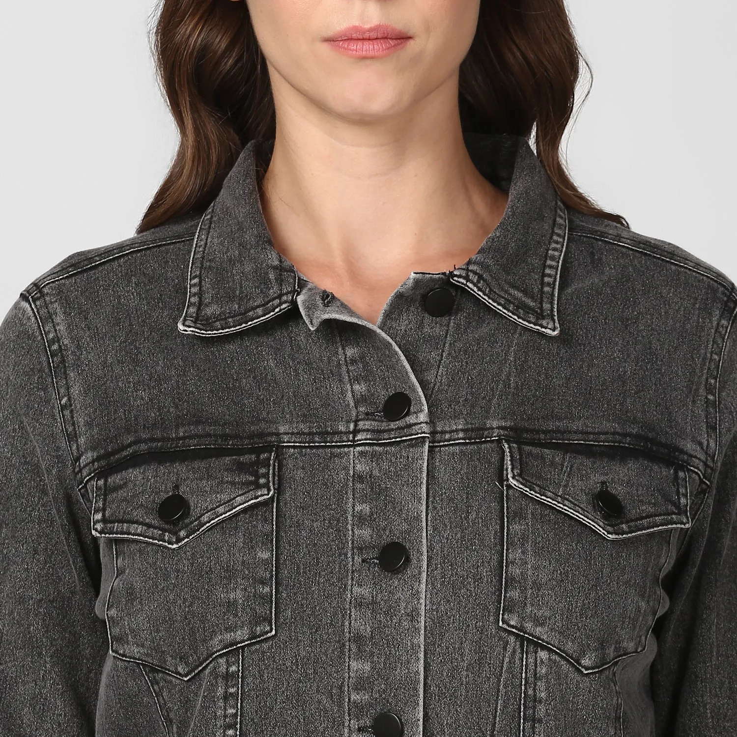 Women's Grey Long Overcoat Style Denim Jacket with Washed effect - StyleStone