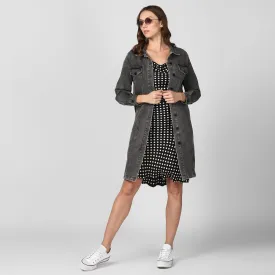 Women's Grey Long Overcoat Style Denim Jacket with Washed effect - StyleStone