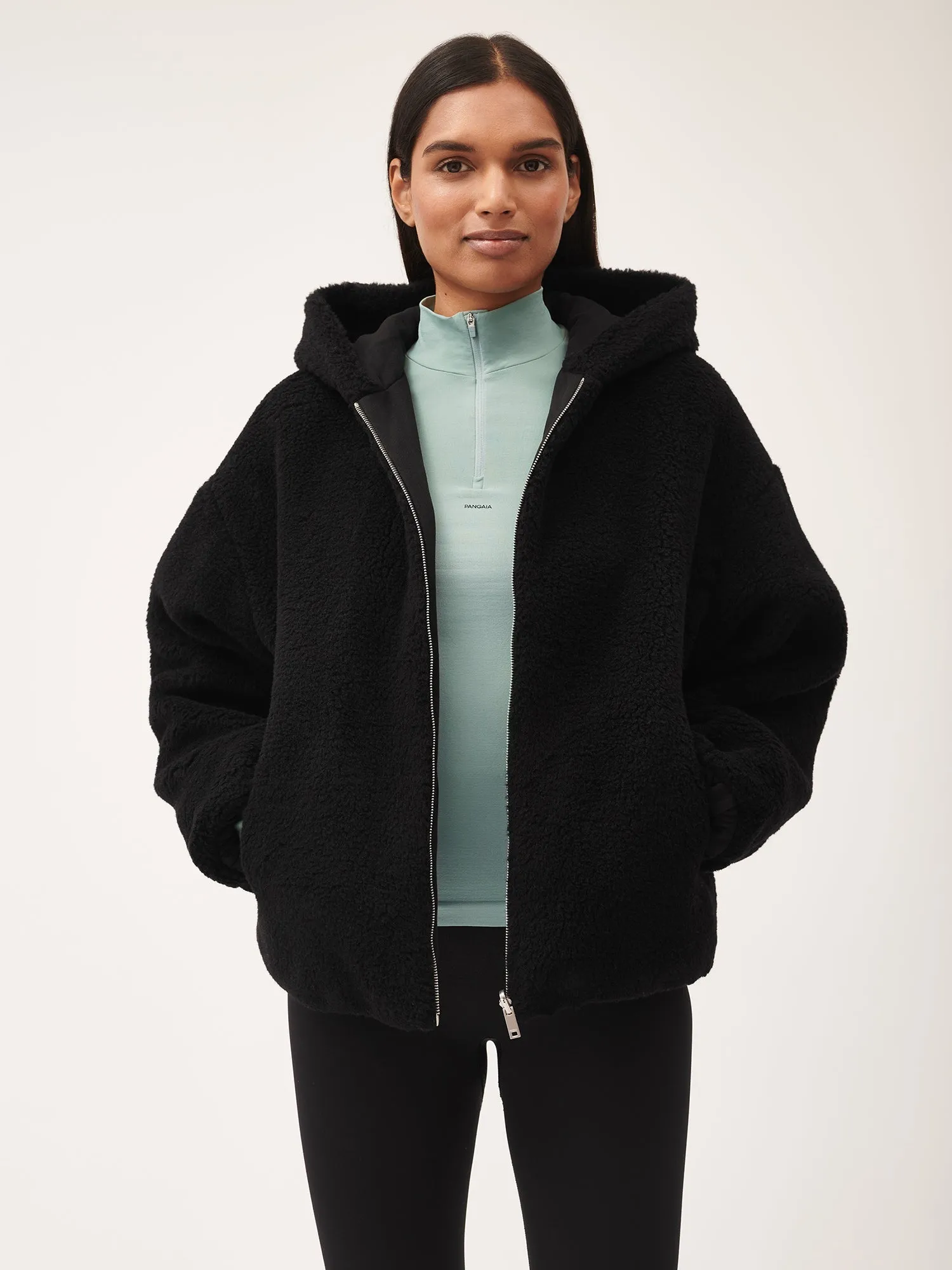 Womens Recycled Wool Fleece Reversible Bomber Jacket—black