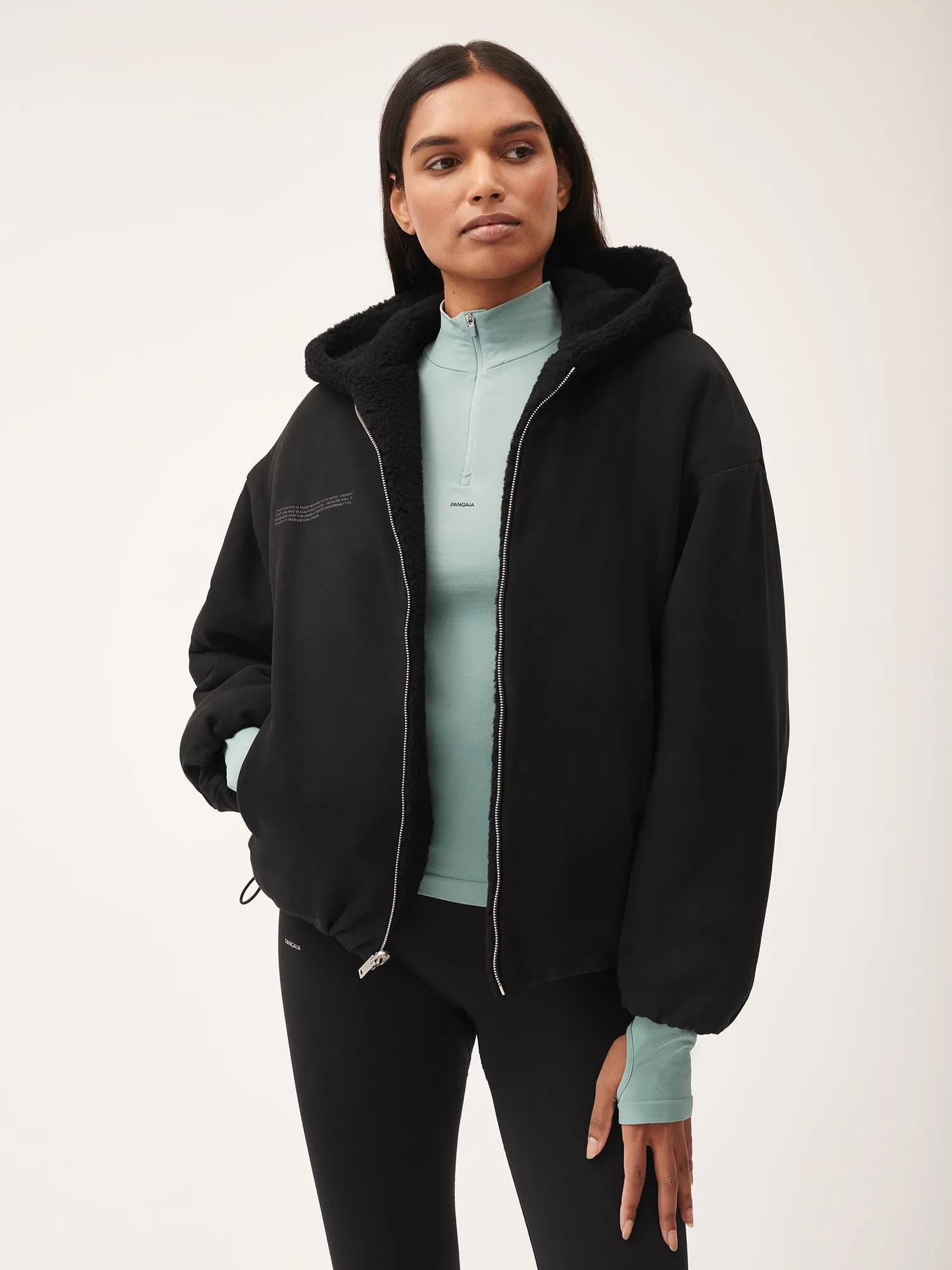 Womens Recycled Wool Fleece Reversible Bomber Jacket—black