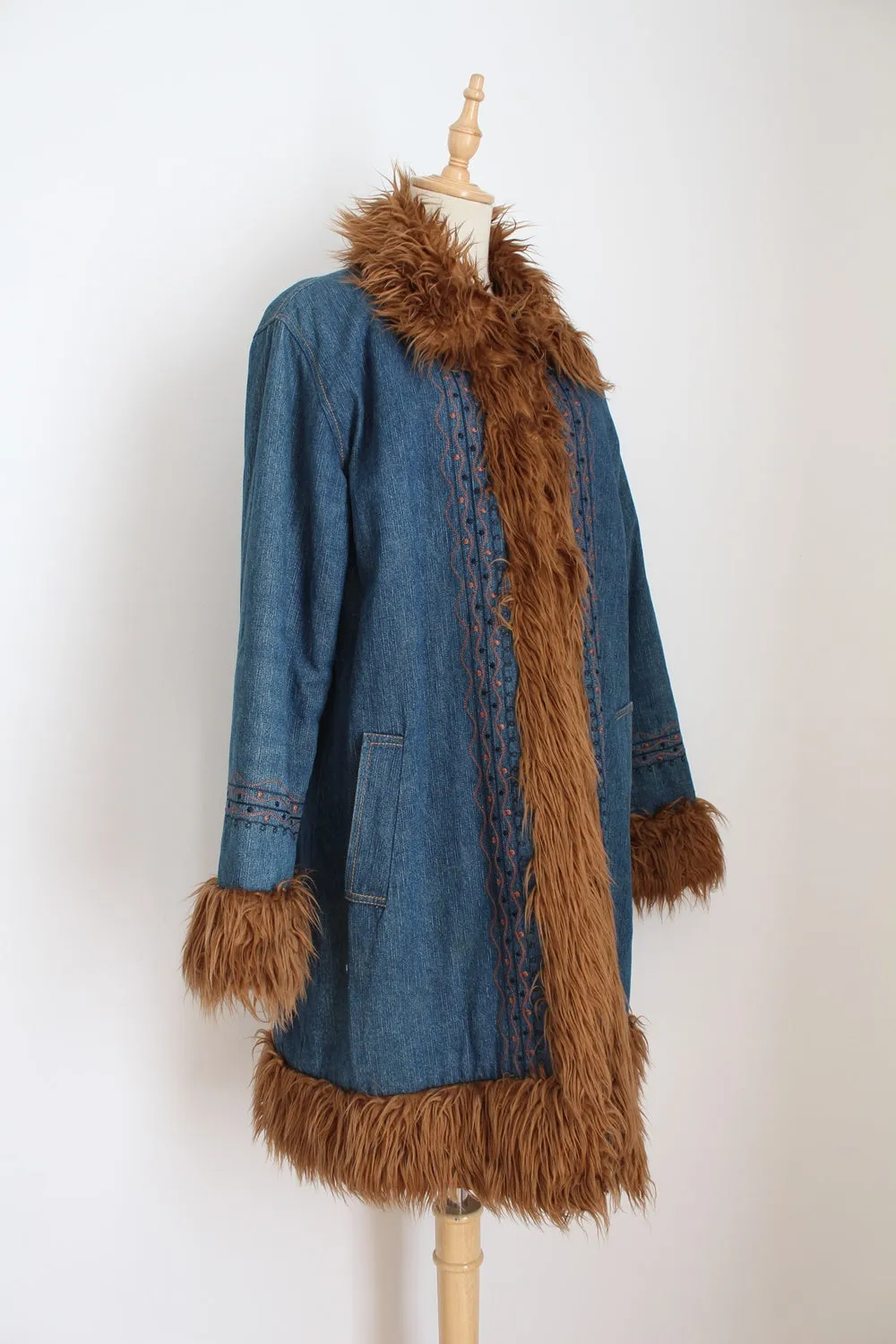 Y2K DENIM FAUX FUR COAT - SIZE 16