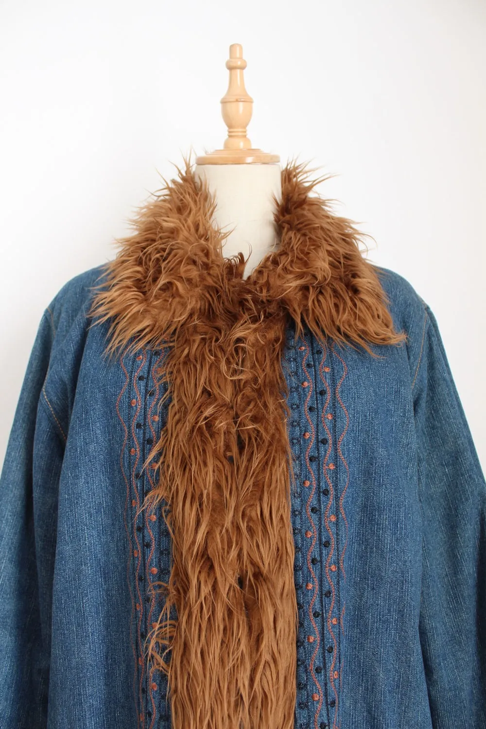 Y2K DENIM FAUX FUR COAT - SIZE 16