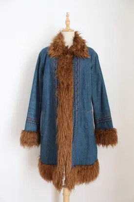 Y2K DENIM FAUX FUR COAT - SIZE 16