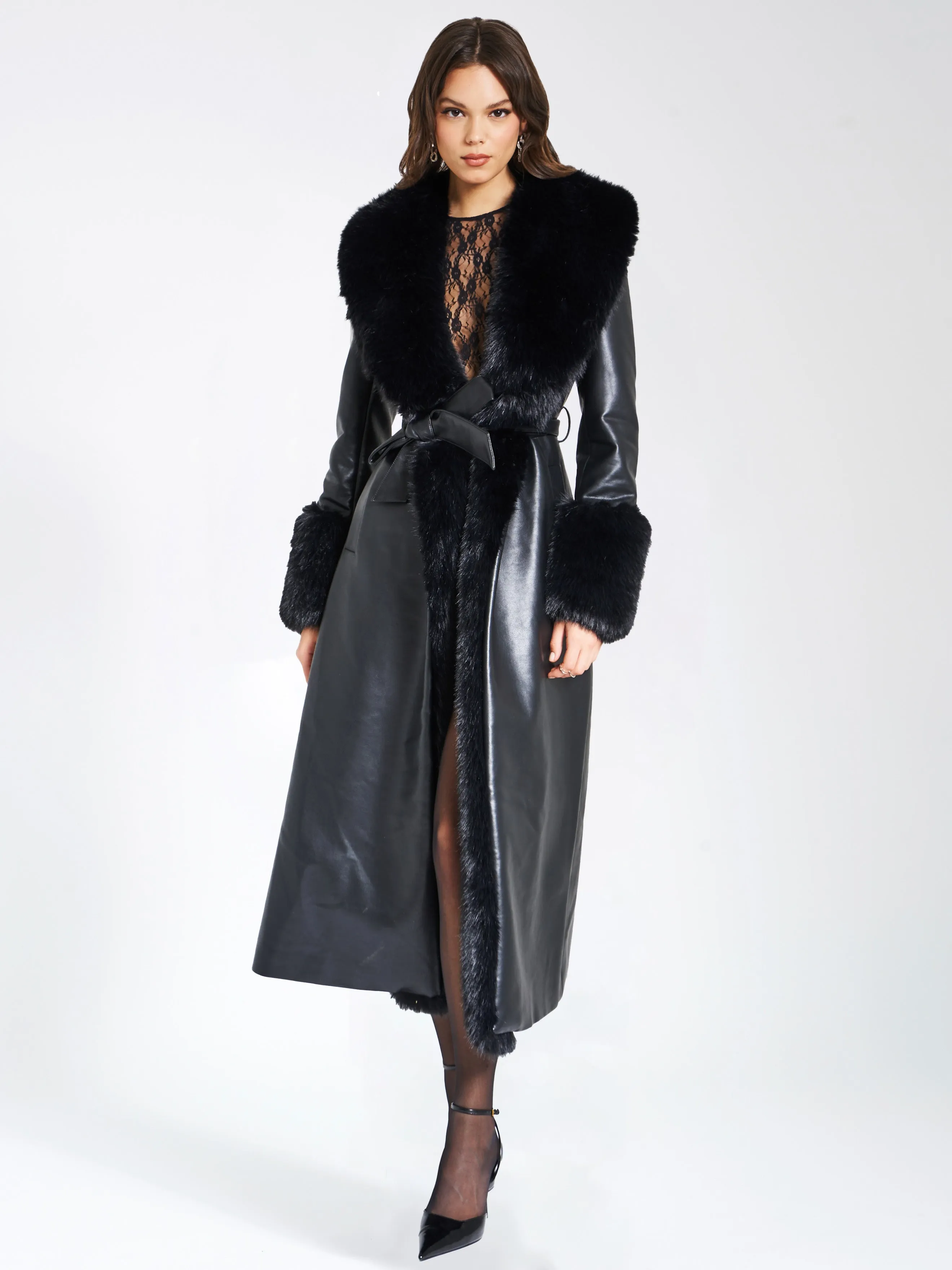 Zaida Black Faux Fur Graceful Trim Black Vegan Leather Coat