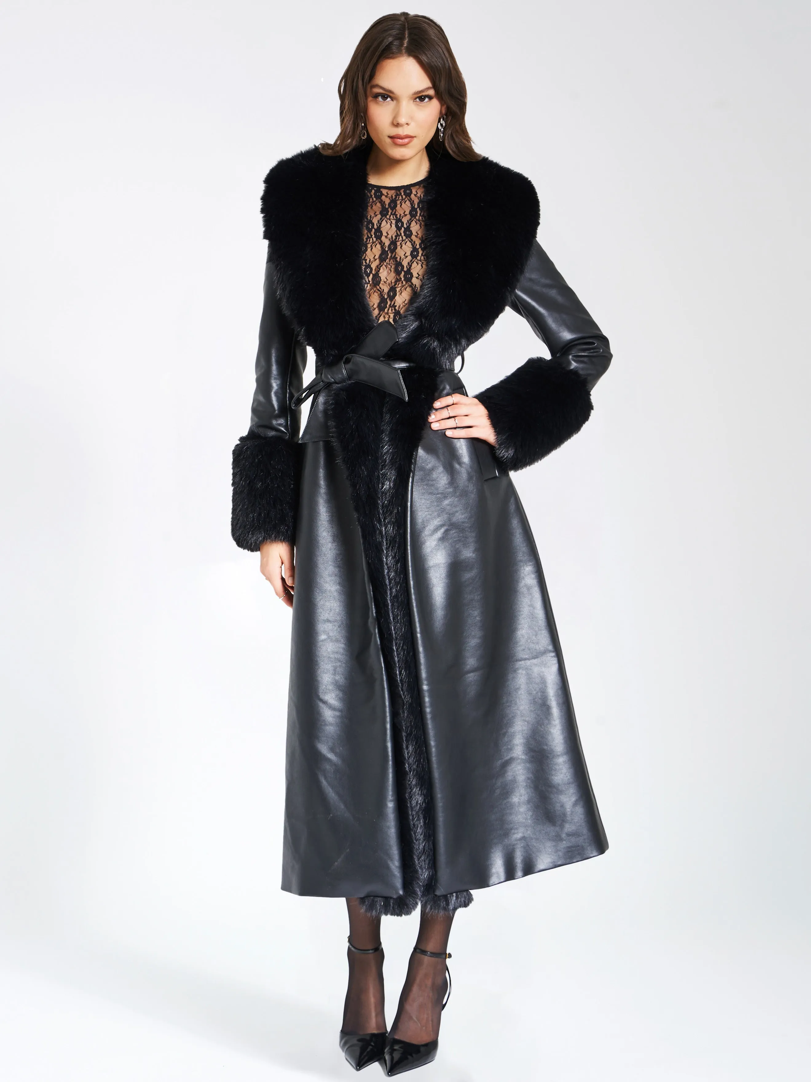 Zaida Black Faux Fur Graceful Trim Black Vegan Leather Coat