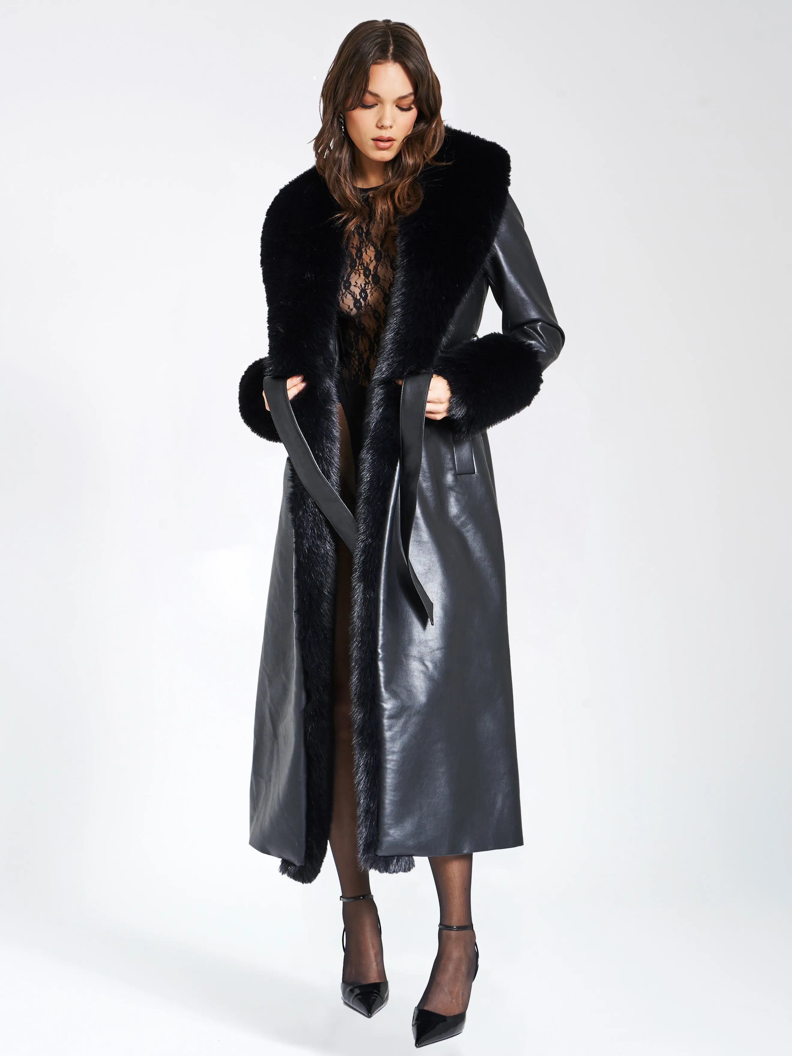 Zaida Black Faux Fur Graceful Trim Black Vegan Leather Coat