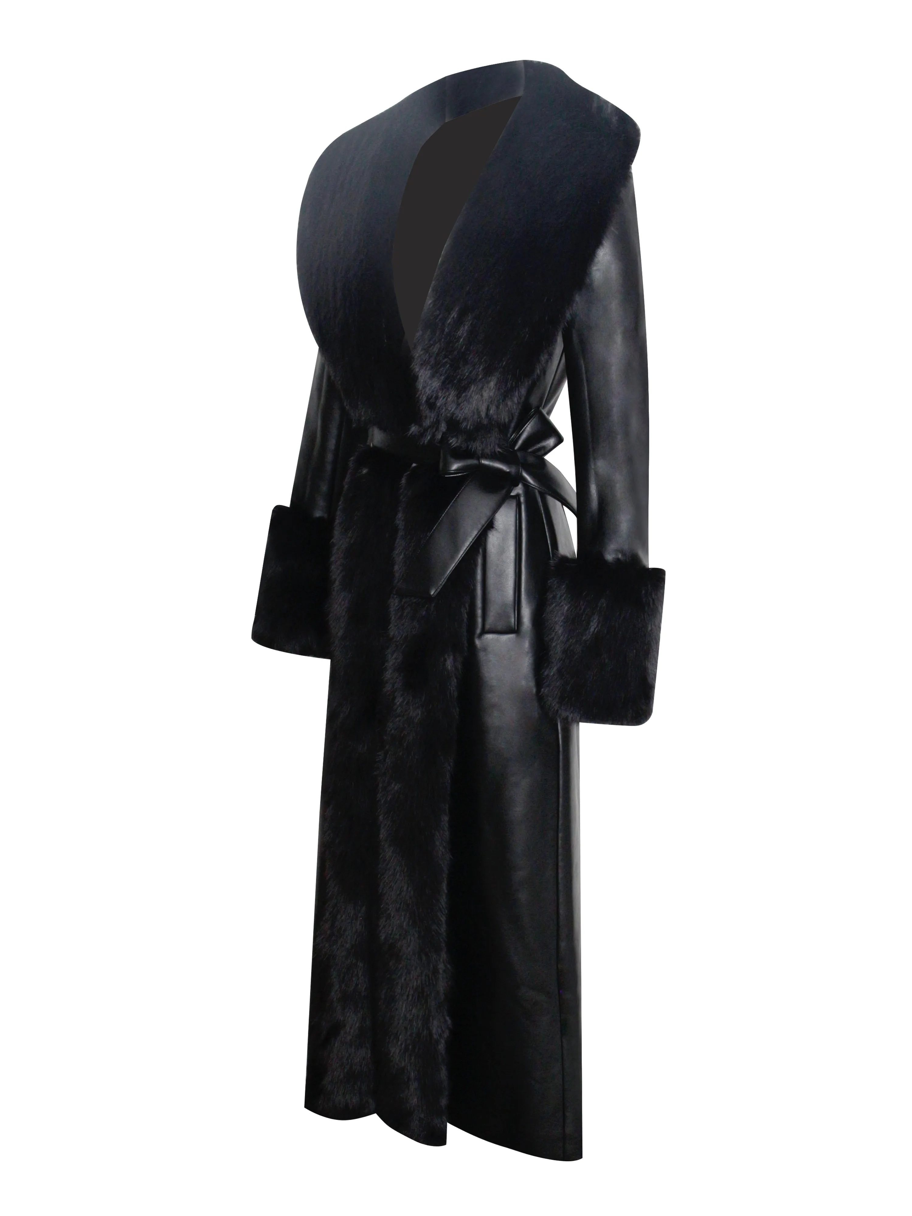 Zaida Black Faux Fur Graceful Trim Black Vegan Leather Coat
