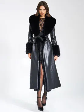 Zaida Black Faux Fur Graceful Trim Black Vegan Leather Coat