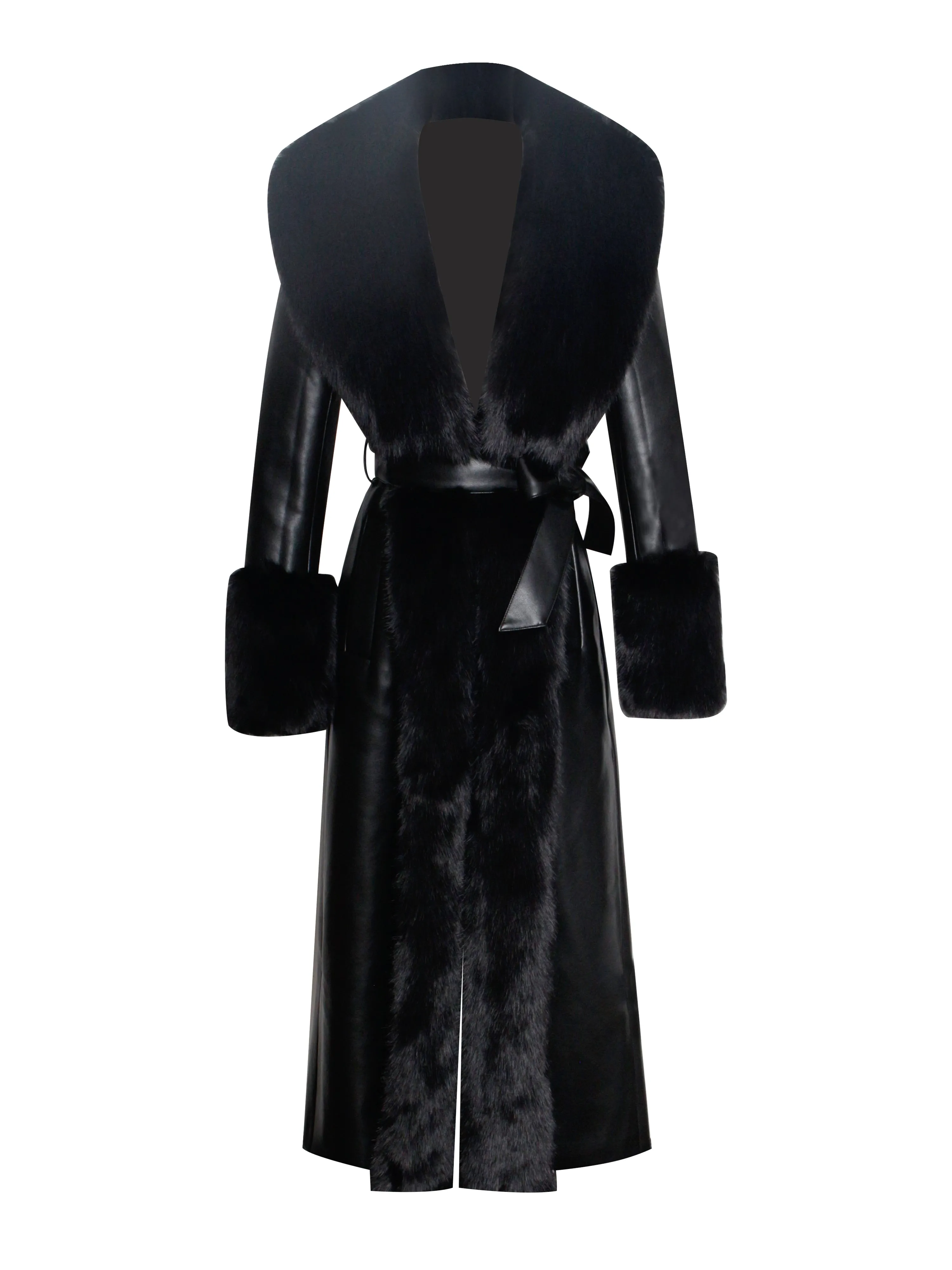 Zaida Black Faux Fur Graceful Trim Black Vegan Leather Coat