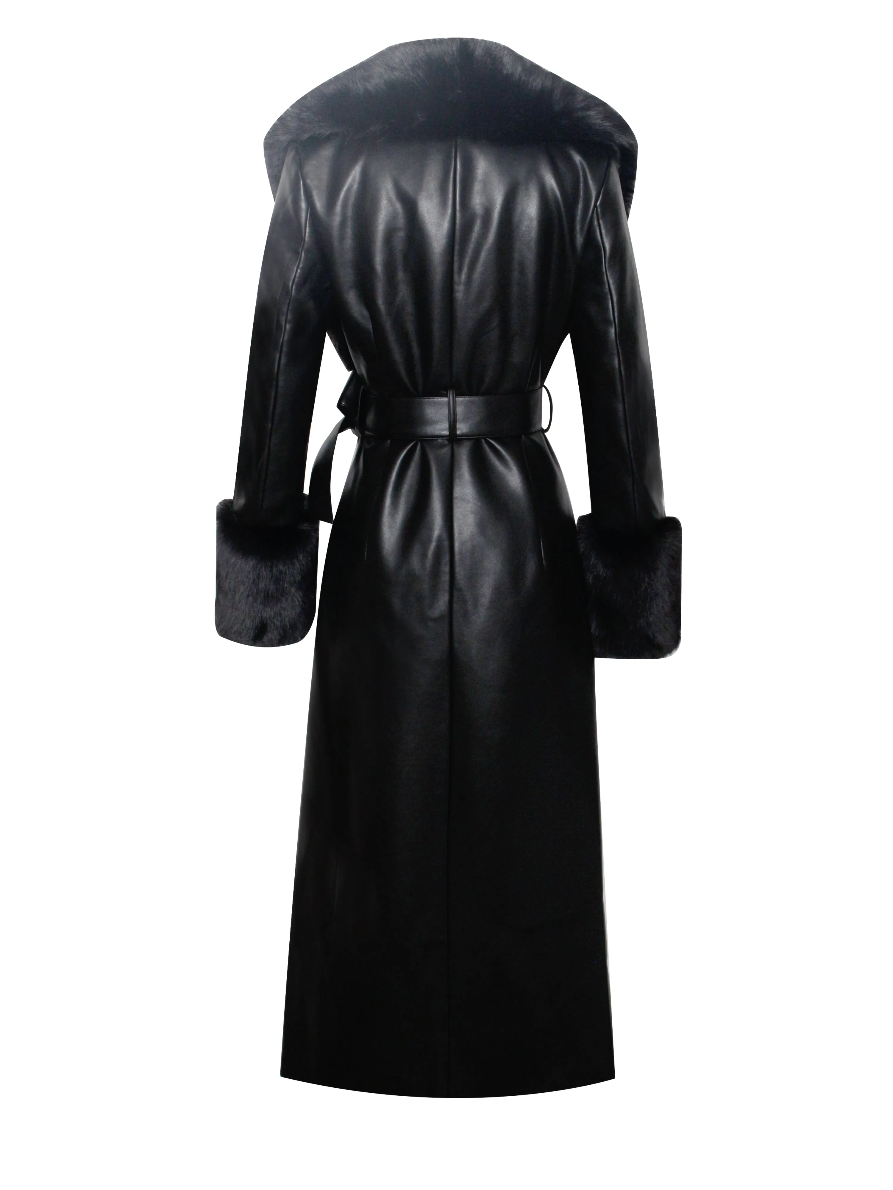 Zaida Black Faux Fur Graceful Trim Black Vegan Leather Coat