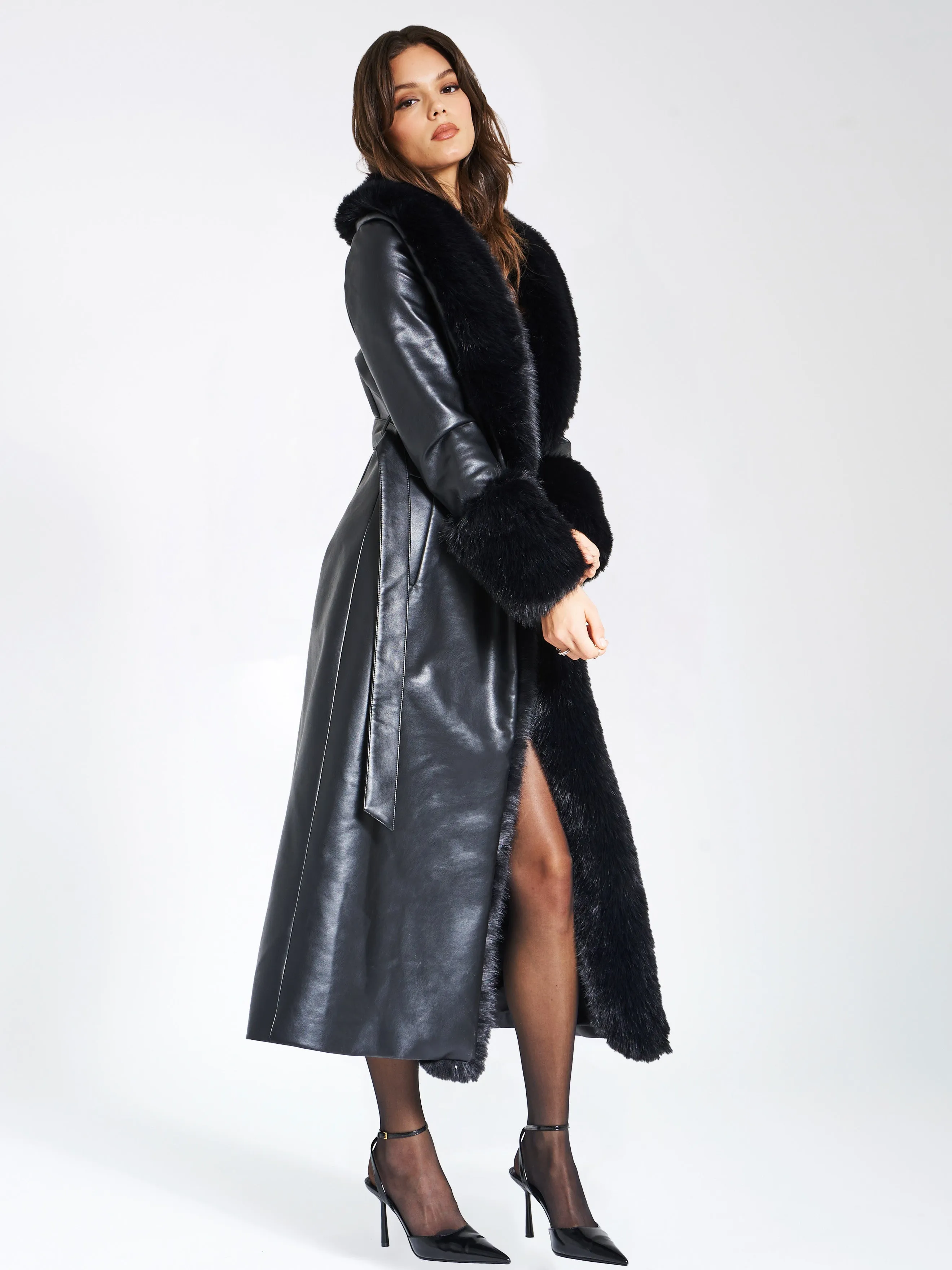 Zaida Black Faux Fur Graceful Trim Black Vegan Leather Coat
