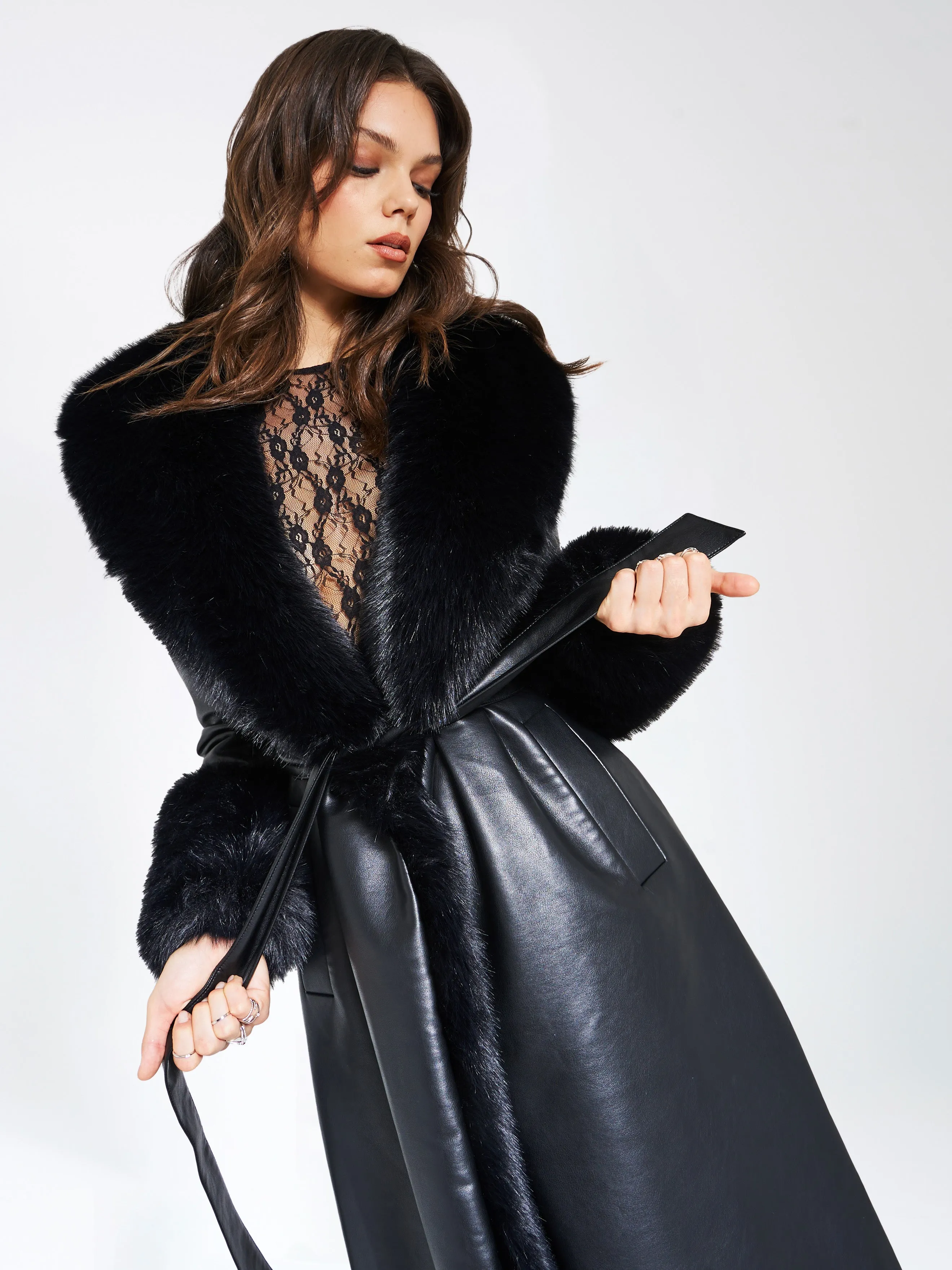 Zaida Black Faux Fur Graceful Trim Black Vegan Leather Coat